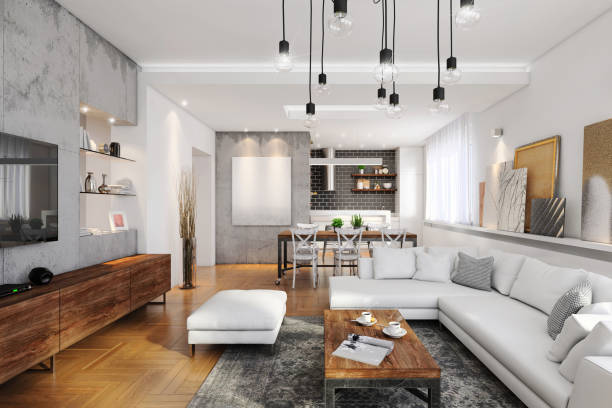 интерьер современной хипстерской квартиры - loft apartment living room contemporary house стоковые фото и изображения