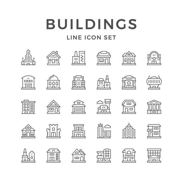 Set line icons of buildings isolated on white. Vector illustration