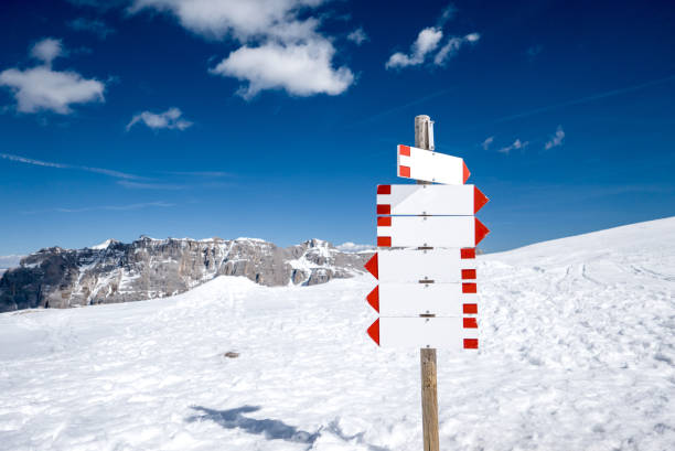 istock Blank signpost in the snowy mountains with many directions 842267636