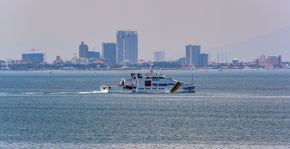 Vung Tau: Vietnamese Fisheries resource surveillance patrol vessel KN-491 in front of Vung Tau waterfronts.