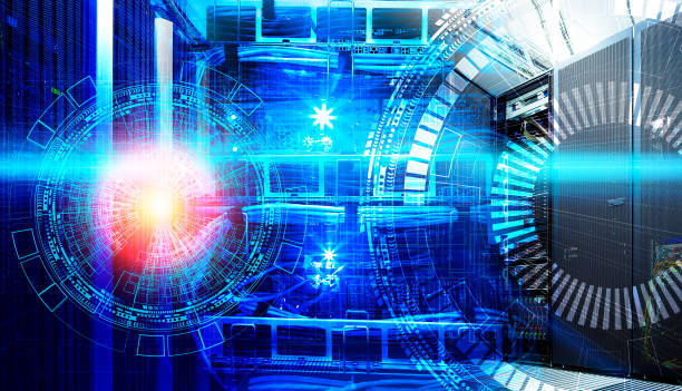 istock Concept of big data information technology. Servers and cables of modern data center with holograms technological background 842298536