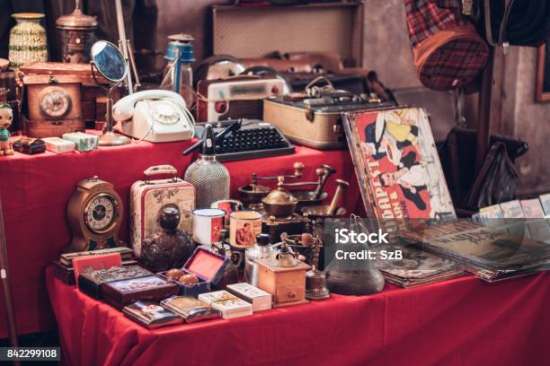 Small Group Of Vintage Objects In A Flea Market Stock Photo - Download Image Now - Antique, Archival, Old-fashioned