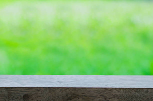 istock wooden table against blur green background. 842302744