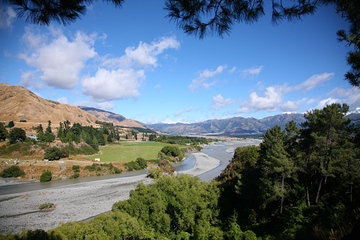 River winds through the foothills of New Zealand's Southern Alps