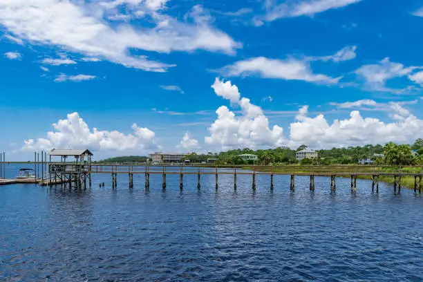 A fishing pier connects to a boat dock in Steinhatchee in the Big Bend region of the Florida Panhandle.