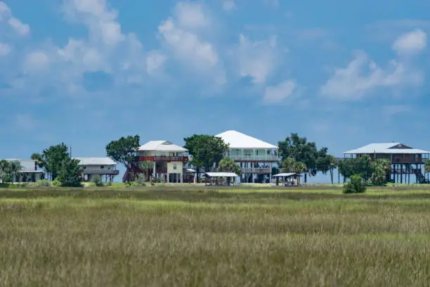 Summer homes on stilts above a coastal wetland in Florida.