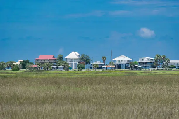 Summer homes on stilts above a coastal wetland in Florida.