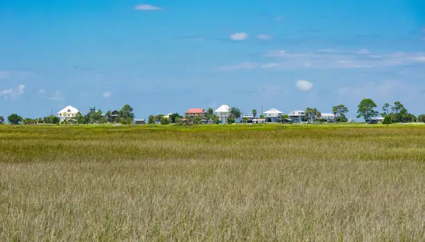 Summer homes on stilts above a coastal wetland in Florida.