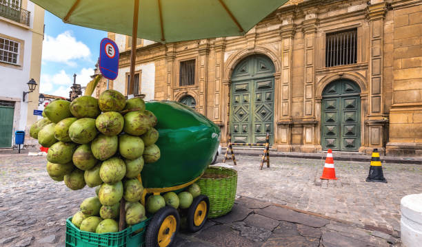 coconut stall in front of Sao Francisco Church in Salvador da Bahia mobile coconut stall in front of Sao Francisco Church in Salvador da Bahia sao francisco church bahia state stock pictures, royalty-free photos & images