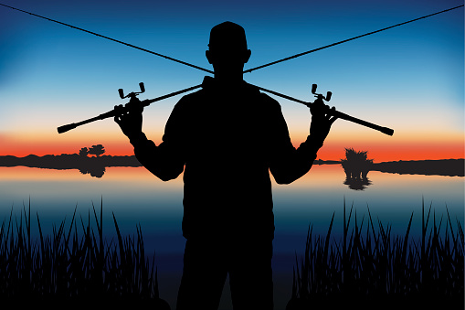 Silhouette of fisherman with fishing spinning rods. Vector background.