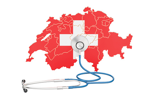 Swiss map with stethoscope, national health care concept, 3D rendering