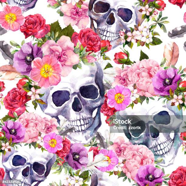 Human Skulls Flowers Seamless Pattern Watercolor Stock Illustration - Download Image Now
