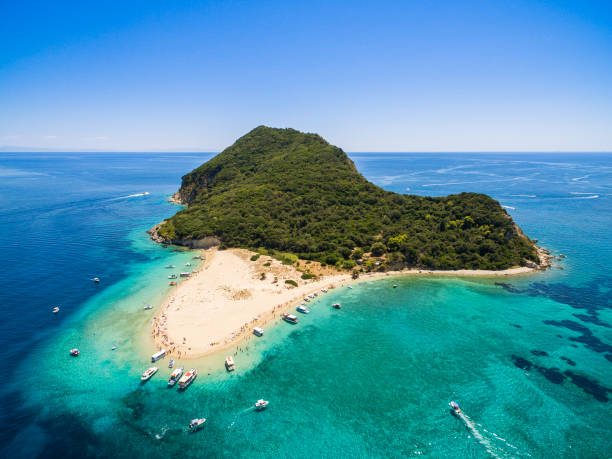 Aerial view of Marathonisi Island in Zakynthos (Zante) island, in Greece Aerial view of Marathonisi Island in Zakynthos (Zante) island, in Greece zakynthos stock pictures, royalty-free photos & images