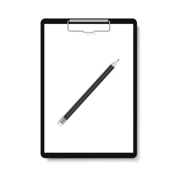 Vector illustration of Realistic clipboard folder with pencil and blank white sheet of paper mock up. Vector.