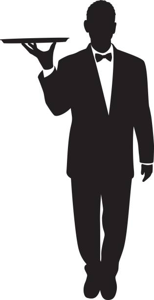 Waiter Silhouette Vector silhouette of a waiter in a tuxedo holding a tray. bartender illustrations stock illustrations