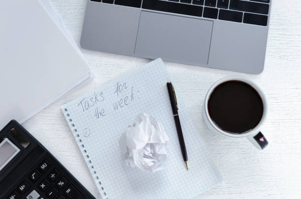 istock Business workplace with a notebook, a calculator and a notebook with a working plan for a week, cup coffee 842353178
