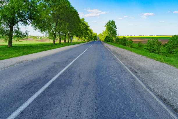 istock Old asphalt countryside road green yellow fields white clouds blue sky summer day. Horizontal background, scenic adventures travel concept. Copy space. Lonely calm mood meditative nature. 842353558