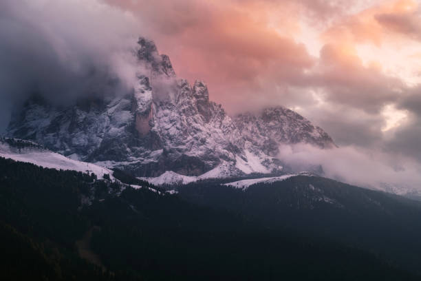 istock Italy. Dolomites. Val Gardena. Mountain Sassolungo at sunset. 842370632