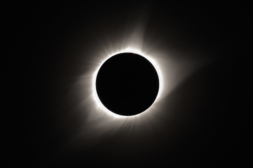 The solar corona is seen during the totality phase of the 2017 total solar eclipse as the moon completely blocks the sun