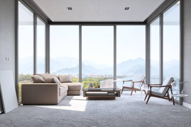 istock Modern Minimalist Living Room With Panoramic Ocean View 842374074