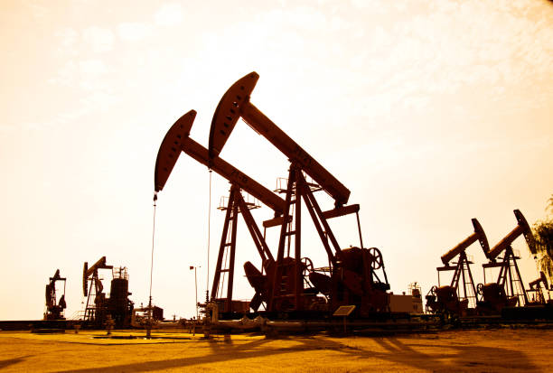 istock Oil pumps and rig at sunset 842376812