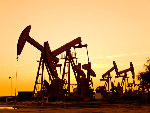 istock Oil pumps and rig at sunset 842376902