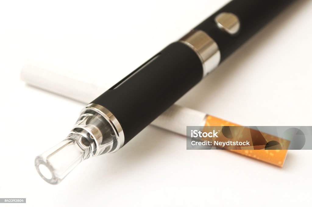E-cigarette closeup with cigarette on white background Electronic Cigarette Stock Photo