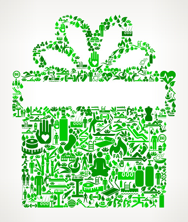 Gift Box Health and Wellness Icon Set Background Pattern . This vector graphic composition features the main object composed of health and wellness icons. The icons vary in size and shades of green color. The vector icons form a seamless pattern to form the object. The background is white with a slight gradient. The icons include such popular healthcare and wellness icons as fitness, water, people exercising, massage, stretching, yoga and many more. You can use this entire composition or each icon can also be used separately and as not part of the icon set.