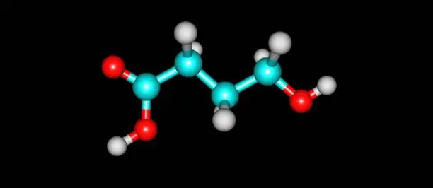 Hydroxybutyric acid or GHB or 4-hydroxybutanoic acid is a naturally occurring neurotransmitter and a psychoactive drug. It is a precursor to GABA, glutamate, and glycine. 3d illustration