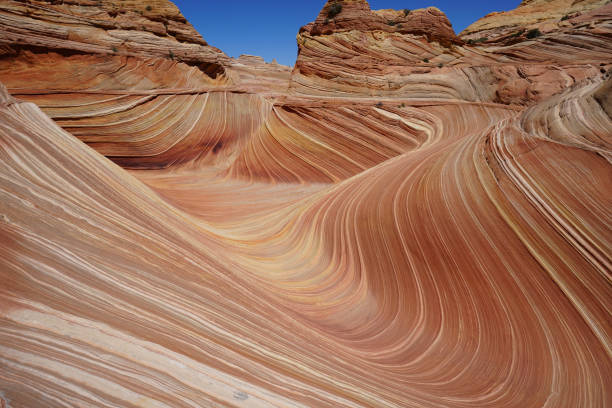 the wave in coyote buttes, utah, arizona The Wave is a sandstone rock formation located in the United States of America near the Arizona Utah border, on the slopes of the Coyote Buttes, in the Paria Canyon-Vermilion Cliffs Wilderness, on the Colorado Plateau. coyote buttes stock pictures, royalty-free photos & images