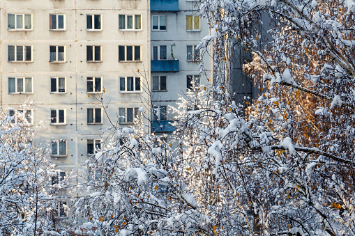 The winter urban view of  the post-soviet apartment building in Eastern Europe, Riga, Imanta, Latvia
