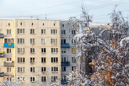 The winter urban view of  the post-soviet apartment building in Eastern Europe, Riga, Imanta, Latvia