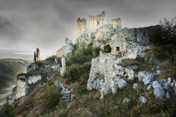 Aerial view of San Leo village with its fortress at sunset.