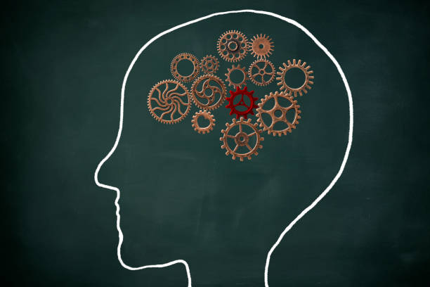 istock Human head drawn on the blackboard and metals gears 842418730