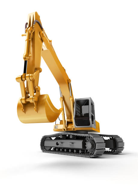 Hydraulic Excavator with bucket at foreground. 3d illustration. Front view. Wide angle. Isolated on white