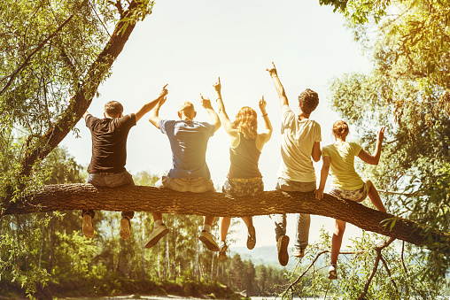 Group of five happy friends sits on the tree and having fun at nature backdrop. Friendship or togetherness concept