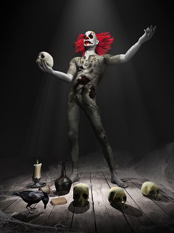 Scary scene with clown,skulls and raven