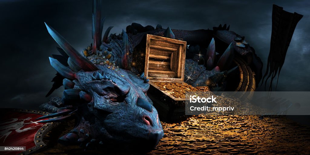 Dragon on the stack of gold Fantasy scene with blue dragon, treasure chest and pile of golden coins Dragon Stock Photo