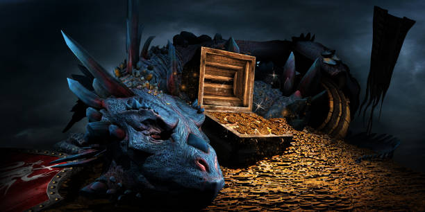 Dragon on the stack of gold Fantasy scene with blue dragon, treasure chest and pile of golden coins dragon stock pictures, royalty-free photos & images