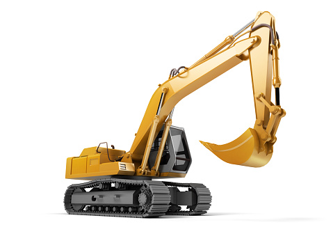 Hydraulic Excavator with bucket. 3d illustration. Front side view. Wide angle. Isolated on white background