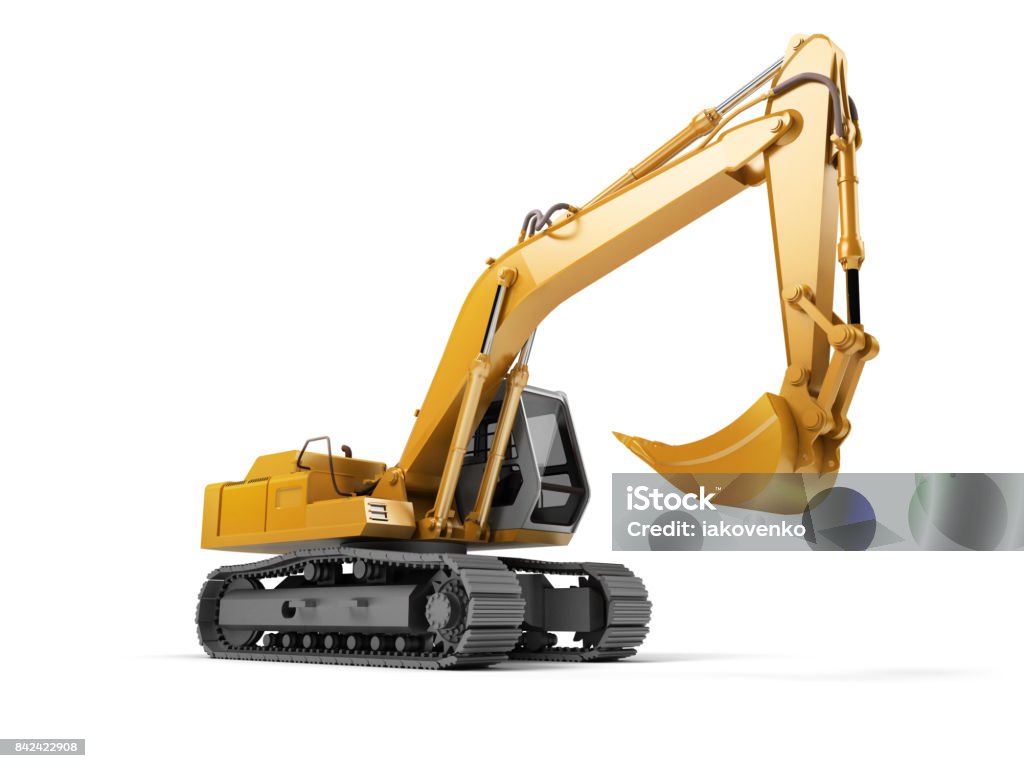 Hydraulic Excavator with bucket isolated on white. 3d illustration. Front side view. Wide angle Hydraulic Excavator with bucket. 3d illustration. Front side view. Wide angle. Isolated on white background Backhoe Stock Photo