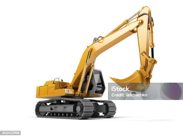 Hydraulic Excavator With Bucket Isolated On White 3d Illustration Front Side View Wide Angle Stock Photo - Download Image Now