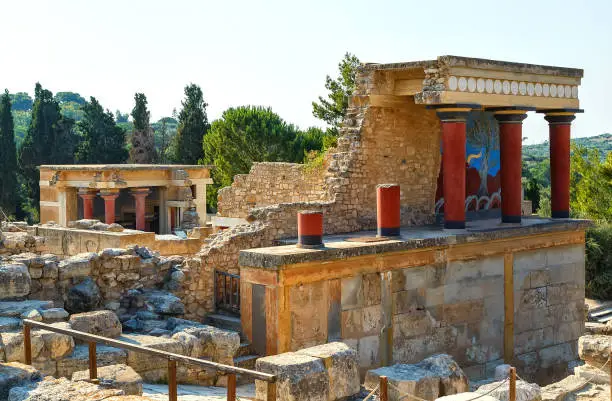 Photo of The North Entrance of the Palace with charging bull fresco in Knossos at Crete, Greece