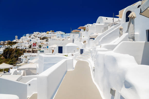 Beautiful steps in Fira most beautiful luxury hotel of Santorini island in Greece Beautiful steps in Oia the most beautiful village of Santorini island in Greece fira santorini stock pictures, royalty-free photos & images