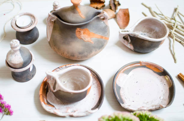 istock Set of dishes for coffee from clay. Decorative ceramics. Pottery cups 842427126