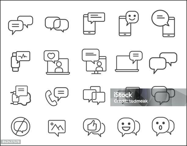 Set Of Message Related Simple Vector Line Icon Smartphone Concept Conversation Sms Notification Group Chat And More Stock Illustration - Download Image Now