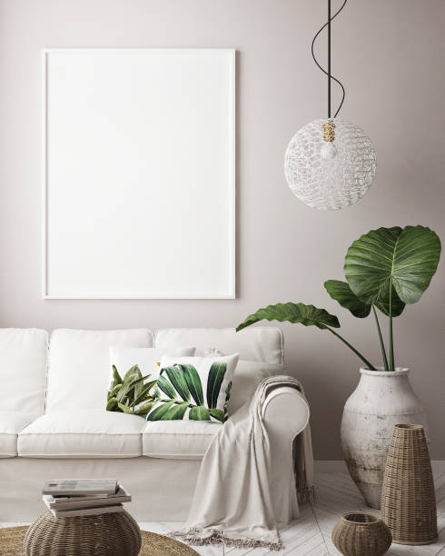 istock mock up poster frame in tropical interior background, modern Caribbean style, 3D illustration 842429990