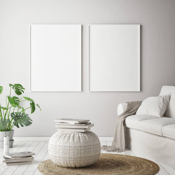 istock mock up poster frame in hipster interior background, scandinavian style, 3D render 842430002