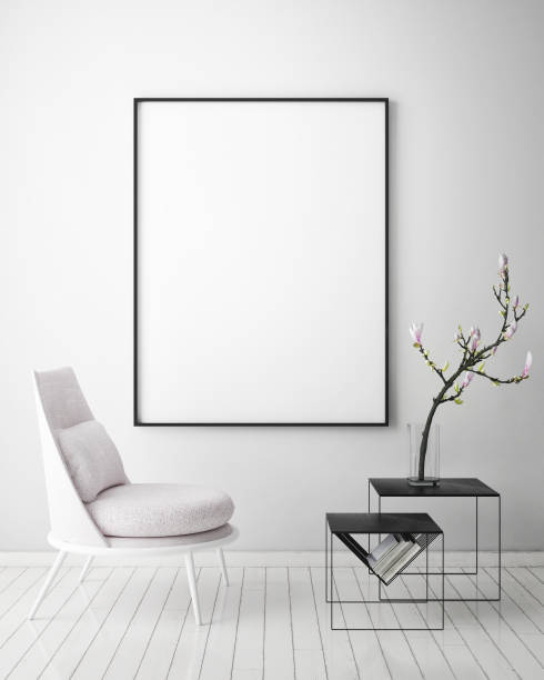 istock mock up poster frame in hipster interior background, scandinavian style, 3D render 842430314