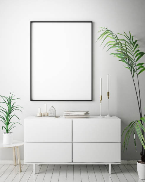 istock mock up poster frame in hipster interior background, scandinavian style, 3D render 842430330